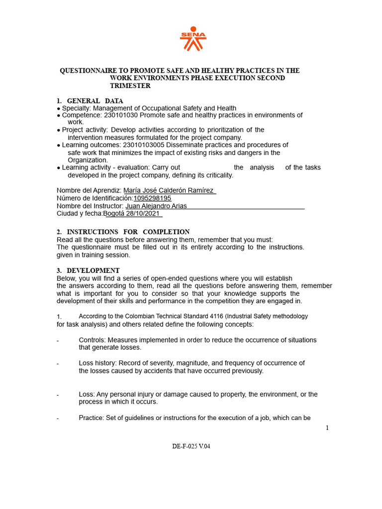 Safe Work Practices Questionnaire | PDF | Occupational Safety And ...