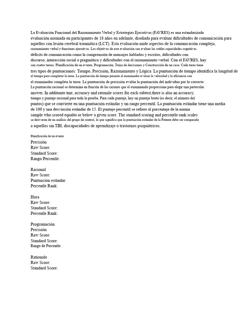 Evaluación FAVRES para Lesiones Cerebrales | PDF | Comunicación | Razón