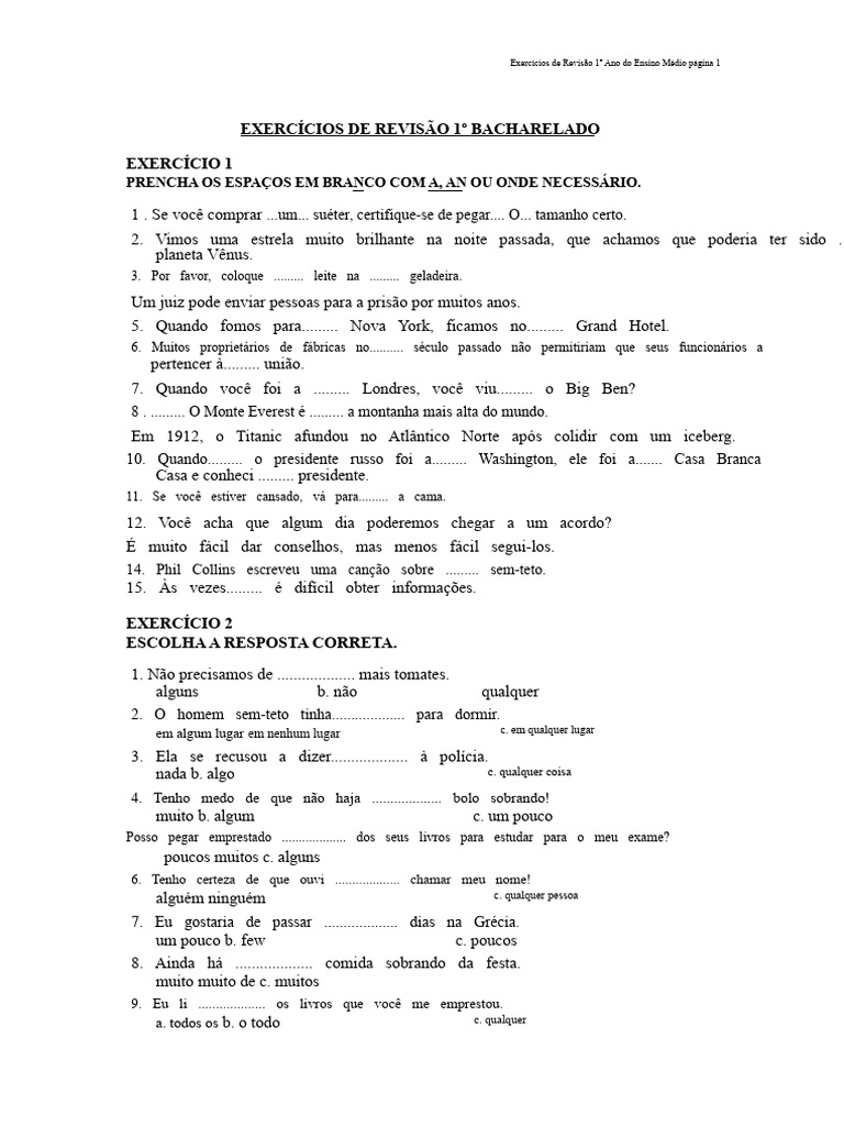 Revisão Inglês 1º Ano Do Ensino Médio - Completo | PDF