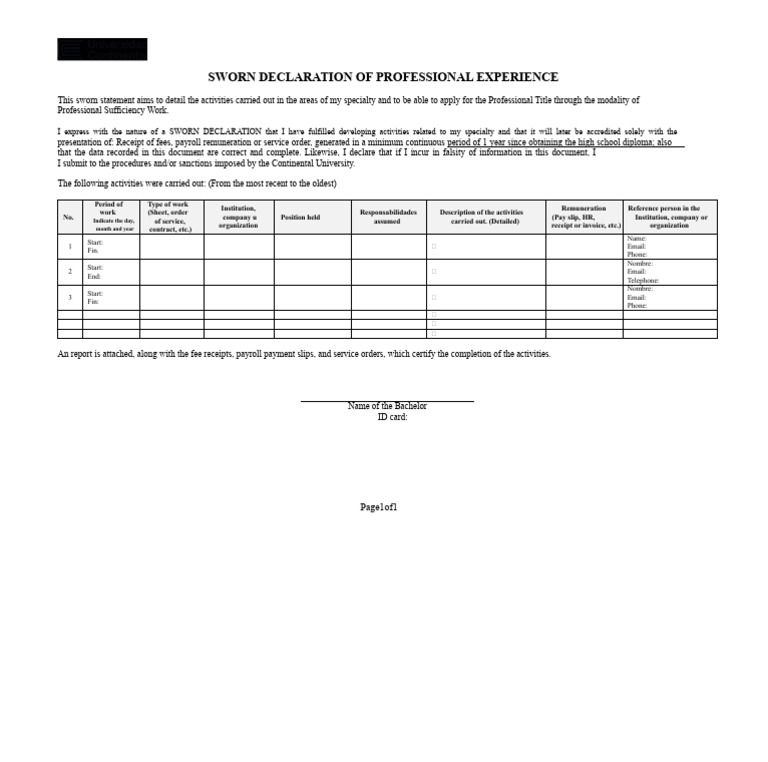 Sworn Declaration of Professional Experience | PDF | Receipt