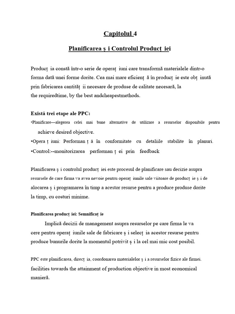 Capitolul 4 Planificarea Și Controlul Producției | PDF