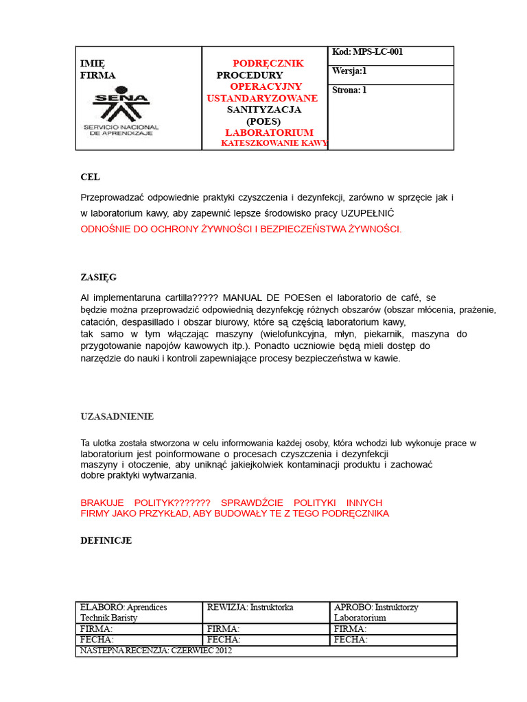 Podręcznik Standardowych Procedur Operacyjnych Sanitacji Kawy | PDF