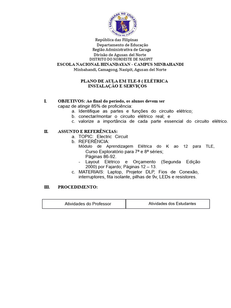 Plano de Aula: Circuito Elétrico TLE-8 | PDF | Eletricidade | Rede elétrica