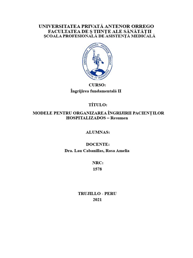 Modele Pentru Organizarea Îngrijirii Pacientului Hospitalizat | PDF