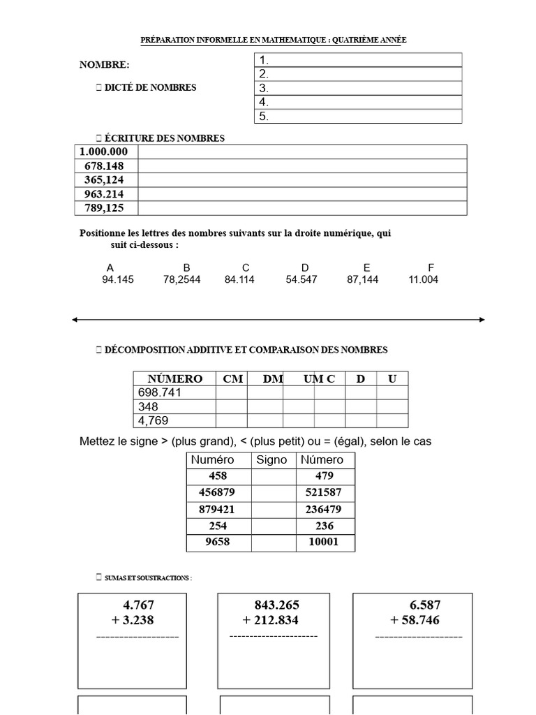 Mathématiques Quatrième Année : Nombres et Opérations | PDF