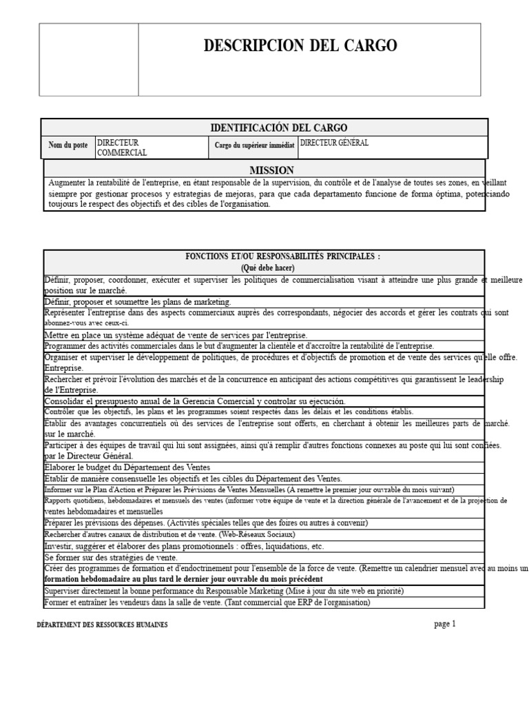 Description du Poste : Directeur Commercial | PDF | Commercialisation ...