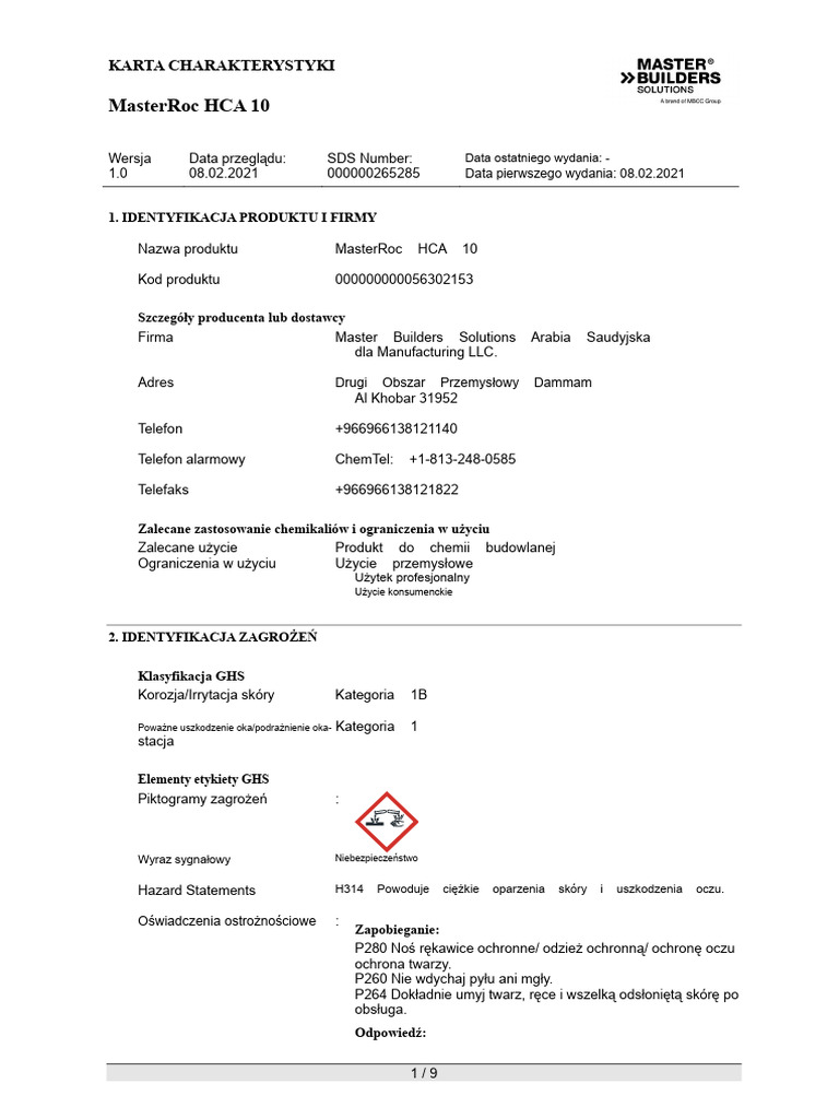 Karta Charakterystyki MasterRoc HCA 10 | PDF