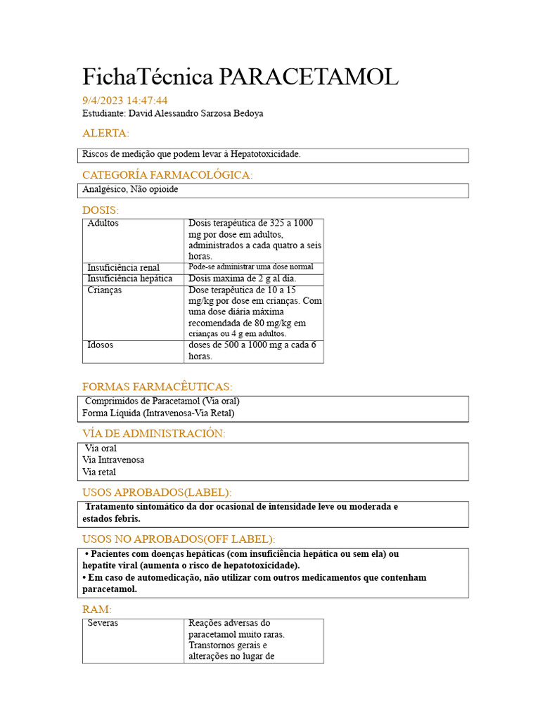 Paracetamol: Dosagem, Efeitos e Riscos | PDF | Opioide | Especialidades ...