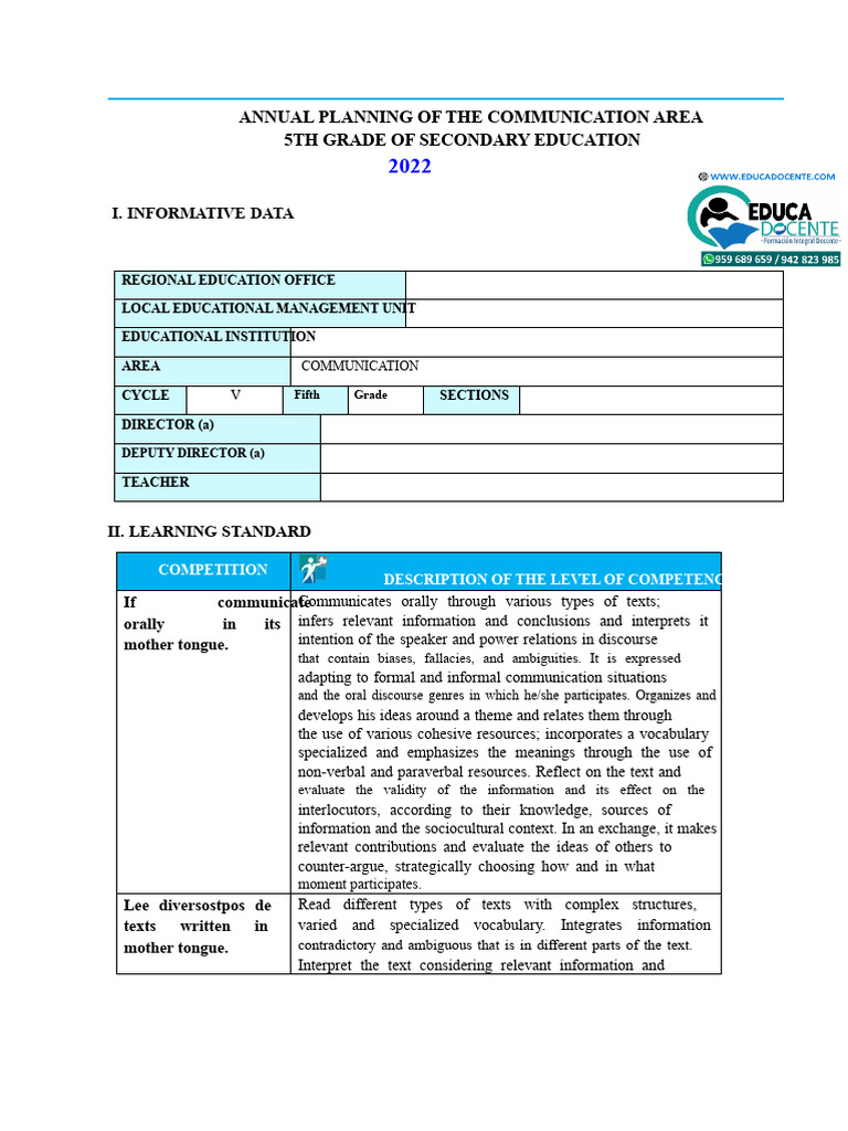 5th Grade Communication Area Planning | PDF | Information | Communication