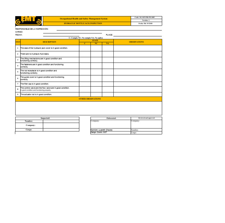 Hydraulic Jack Inspection Checklist | PDF
