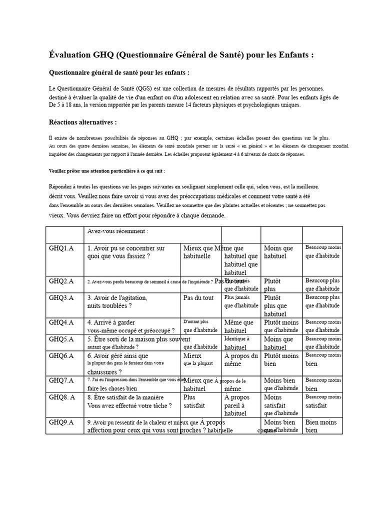 Évaluation GHQ pour la Santé des Enfants | PDF | Anxiété | Psychologie