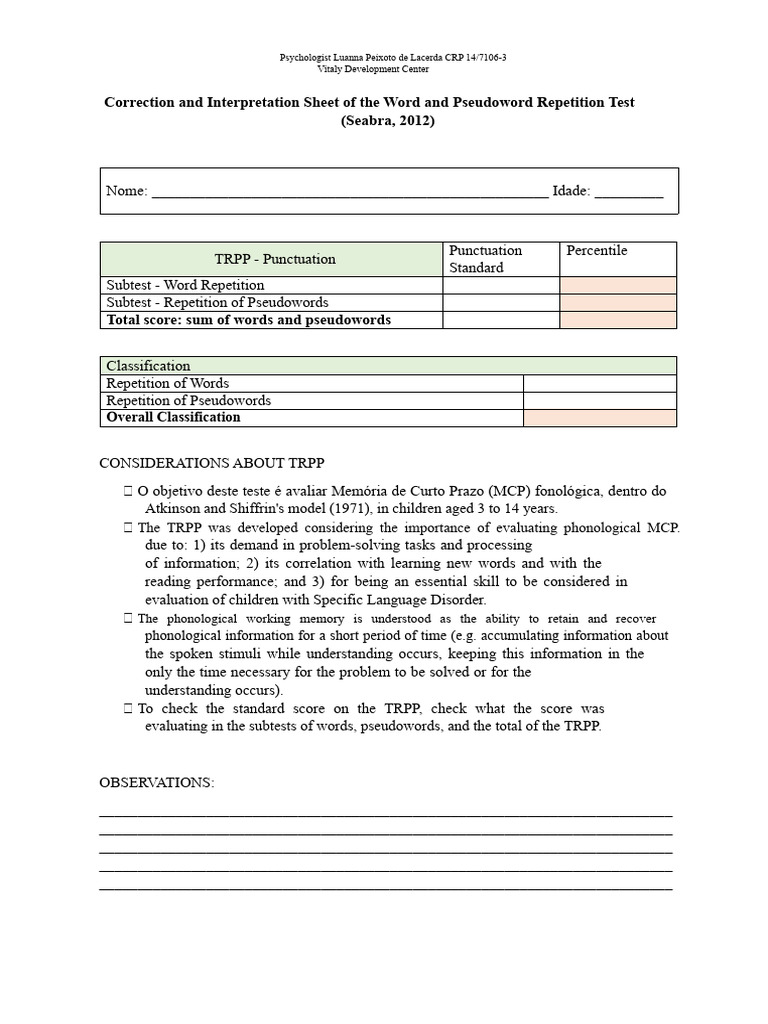 Phonological Memory Test Evaluation Sheet | PDF | Word | Memory