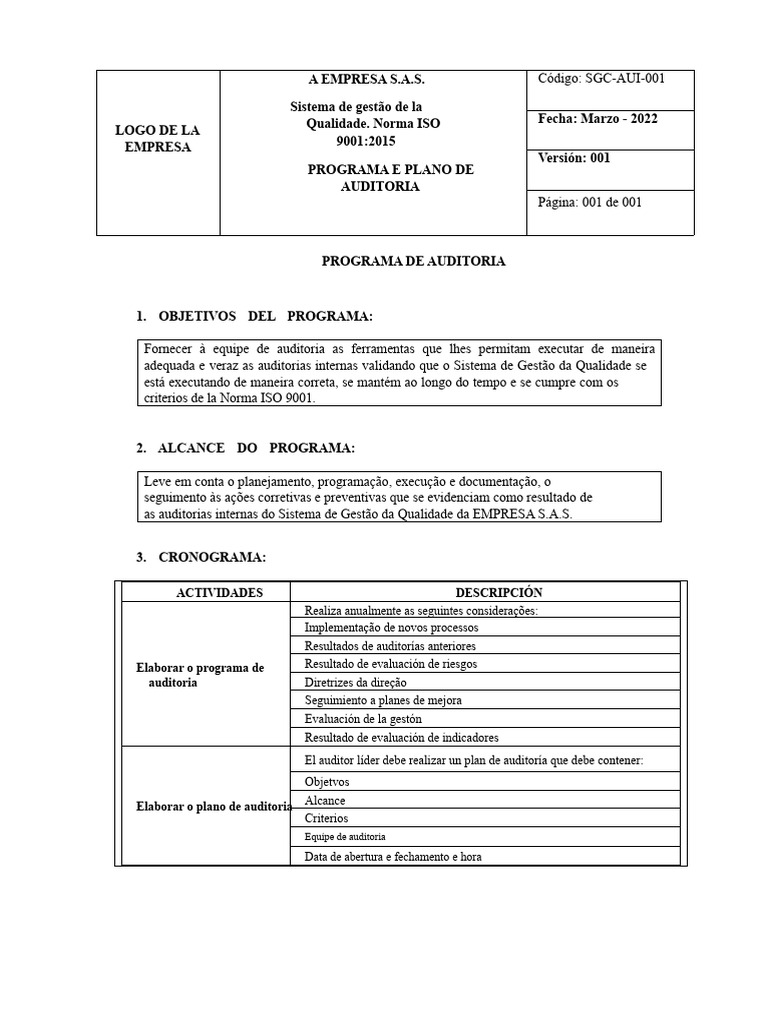 Programa de Auditoria ISO 9001:2015 | PDF | Gestão de qualidade | Business