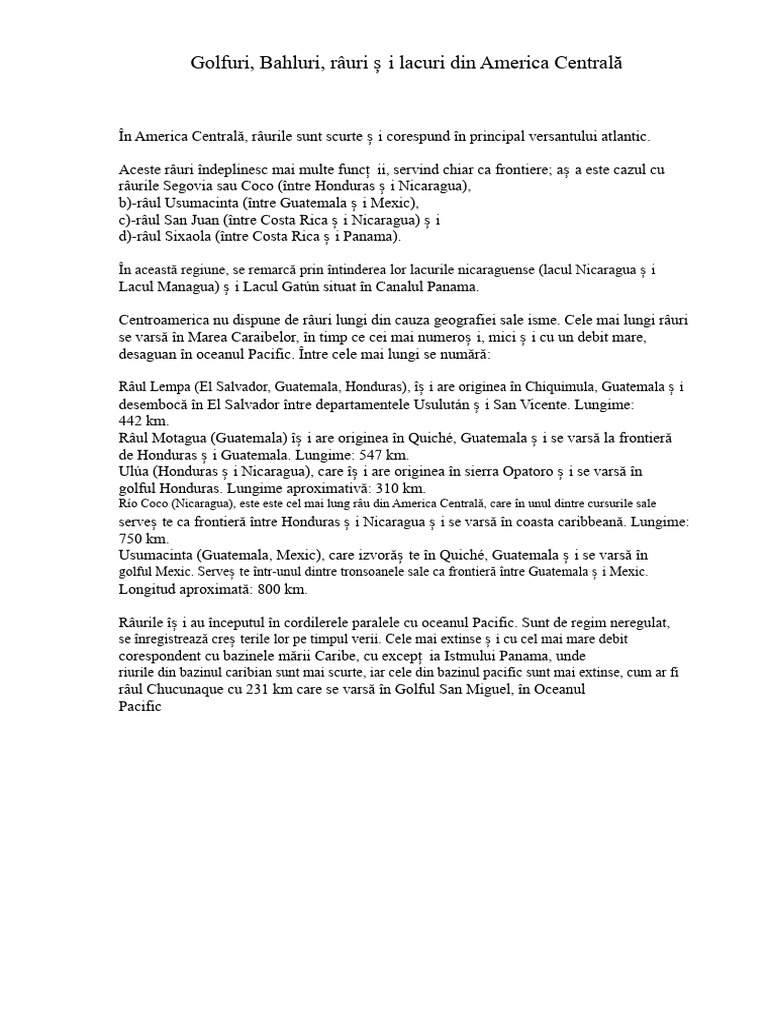 Golfuri, Băi, Râuri Și Lacuri Din America Centrală | PDF