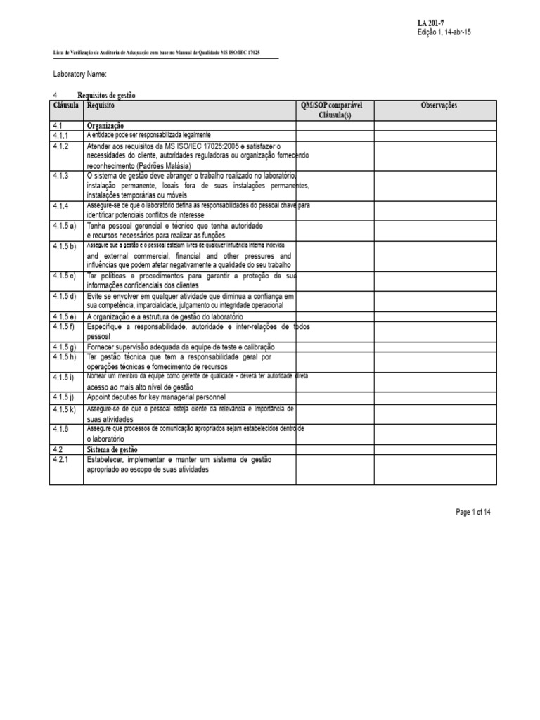 Checklist de Auditoria ISO/IEC 17025 | PDF | Calibração | Qualidade ...