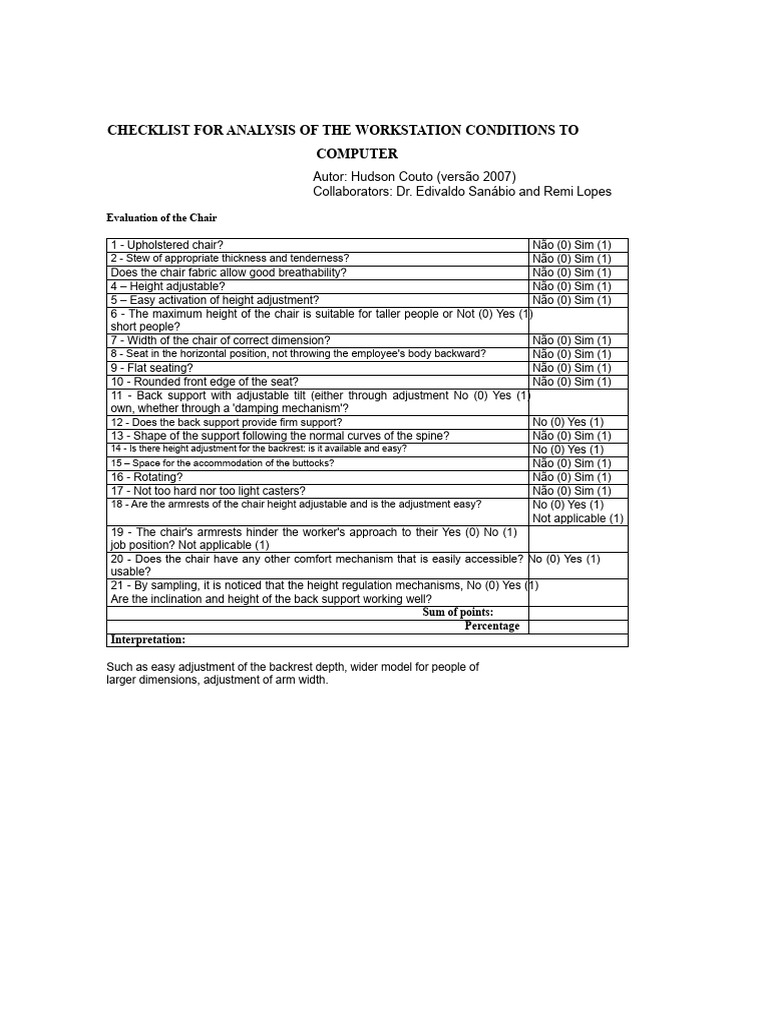 Workstation Condition Analysis Checklist | PDF | Chair | Computer Monitor