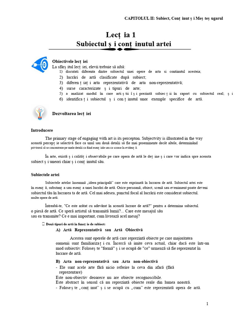 Lecția 1 - Subiectul Și Conținutul Artei | PDF