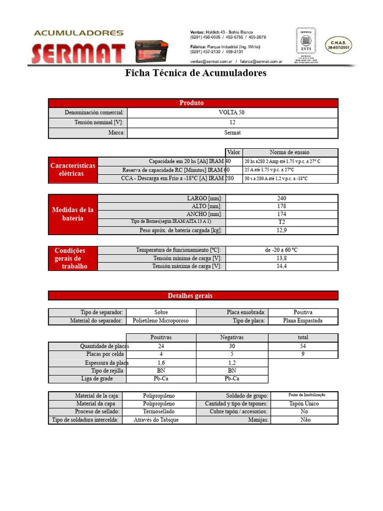 Ficha Técnica de Acumuladores Sermat | PDF | Materiais