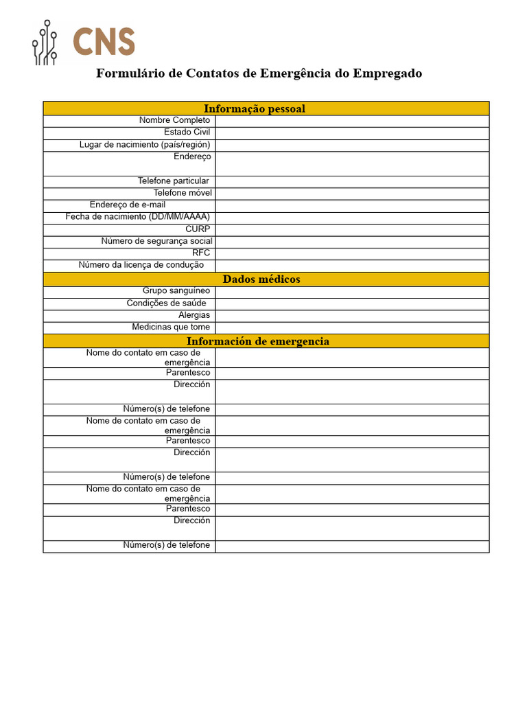 Formulário de Contato de Emergência do Empregado | PDF