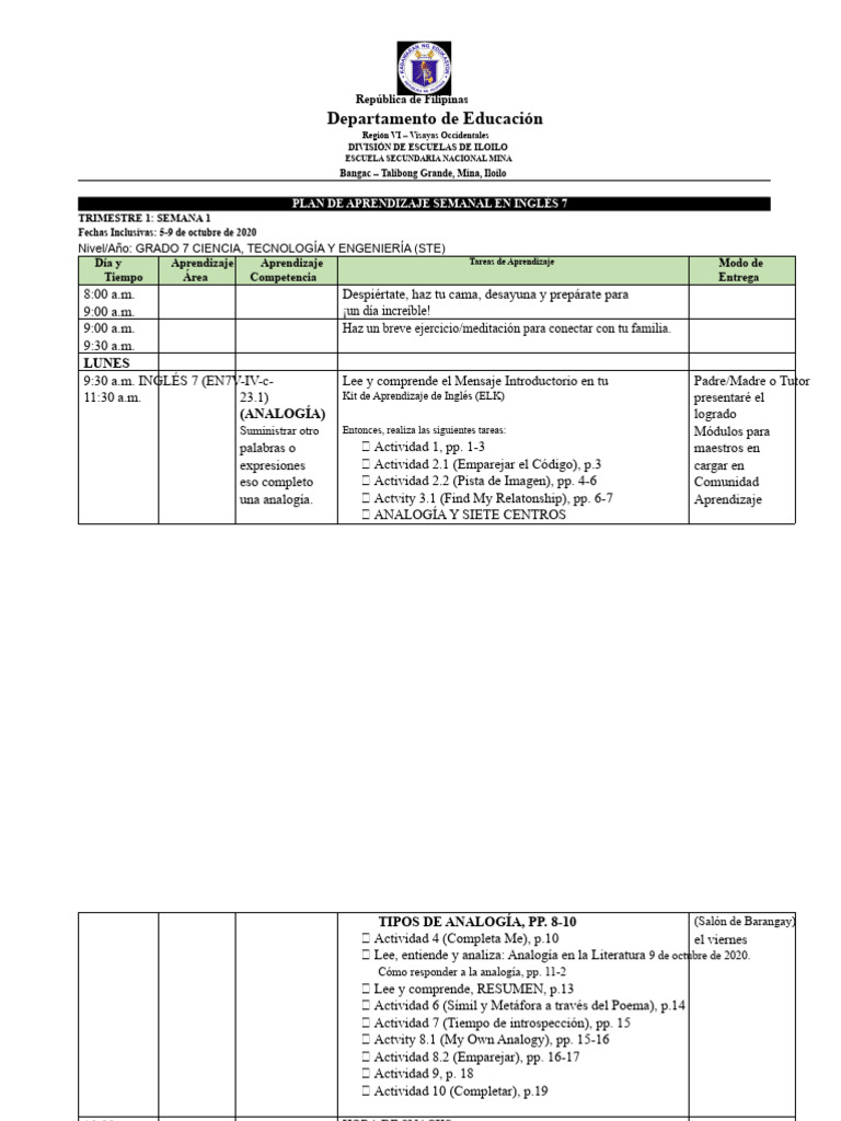 Plan Semanal de Aprendizaje en Casa (WHLP) - Muestra | PDF ...