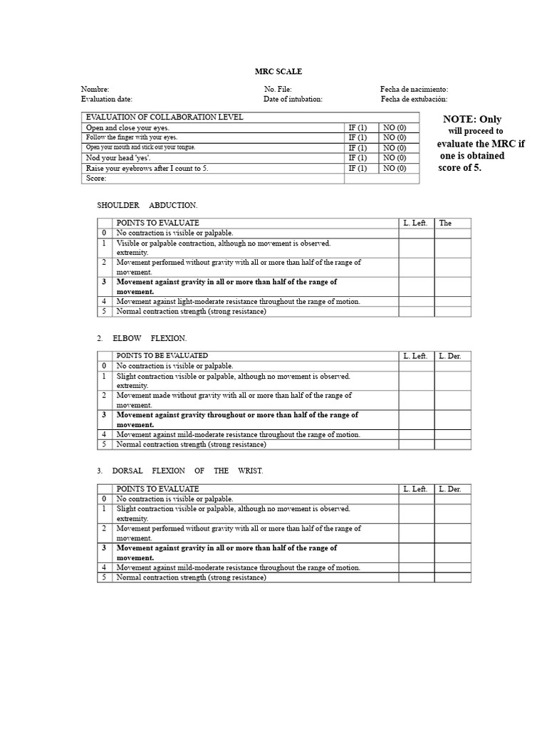 MRC Scale for ICU Muscle Evaluation | PDF | Anatomical Terms Of Motion ...