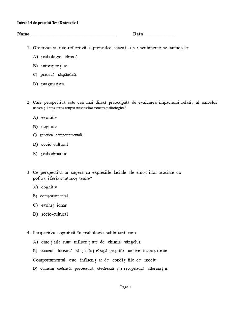 Test de Psihologie 1 Întrebări de Practică | PDF