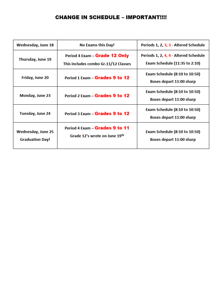 Important Exam Schedule Changes | PDF