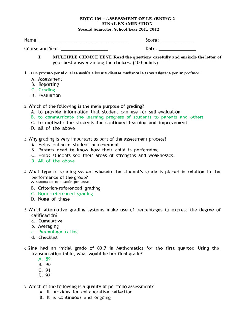 Final Exam: Assessment of Learning 2 | PDF | Learning | Cognition