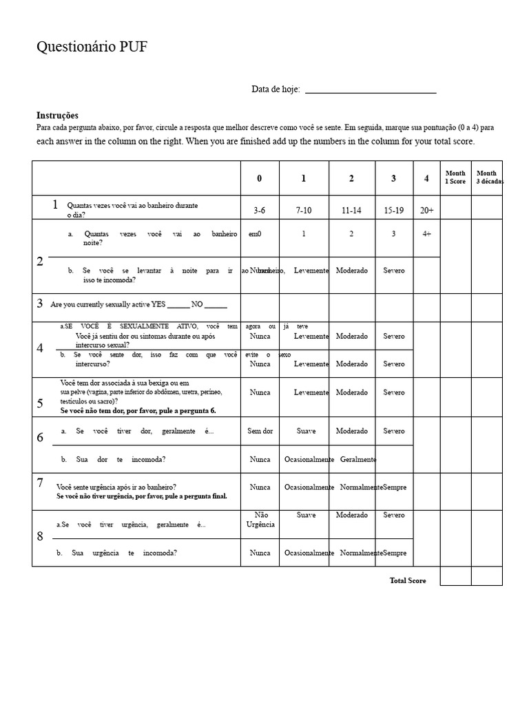 Questionário de Avaliação PUF | PDF | Dor | Urologia