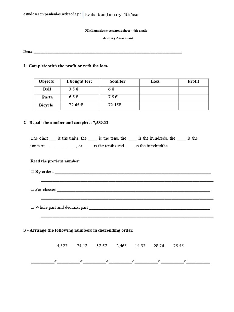 4th Year - Math Assessment Sheet Jan. | PDF | Mathematics