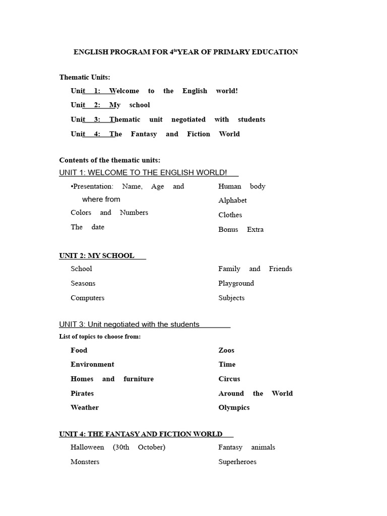 English Program For 4TH Year of Primary Education | PDF