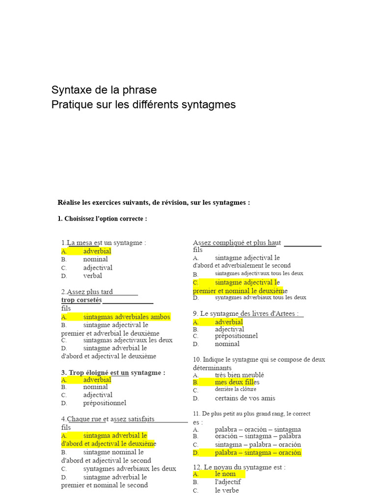 Exercices sur les syntagmes en français | PDF | Typologie linguistique ...
