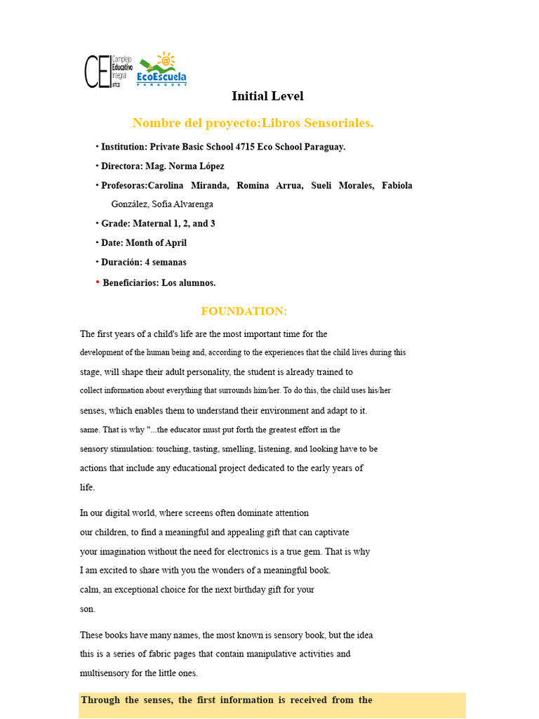 Sensory Book Project for Early Childhood | PDF | Senses | Perception