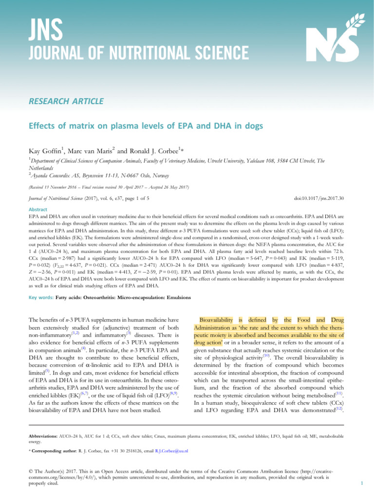 Effects of Matrix On Plasma Levels of EPA and DHA in Dogs | PDF | Omega ...