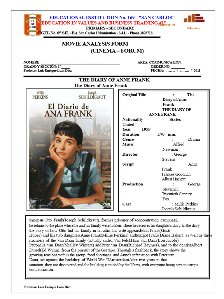 Movie Analysis Sheet The Diary of Anne Frank | PDF | Anne Frank
