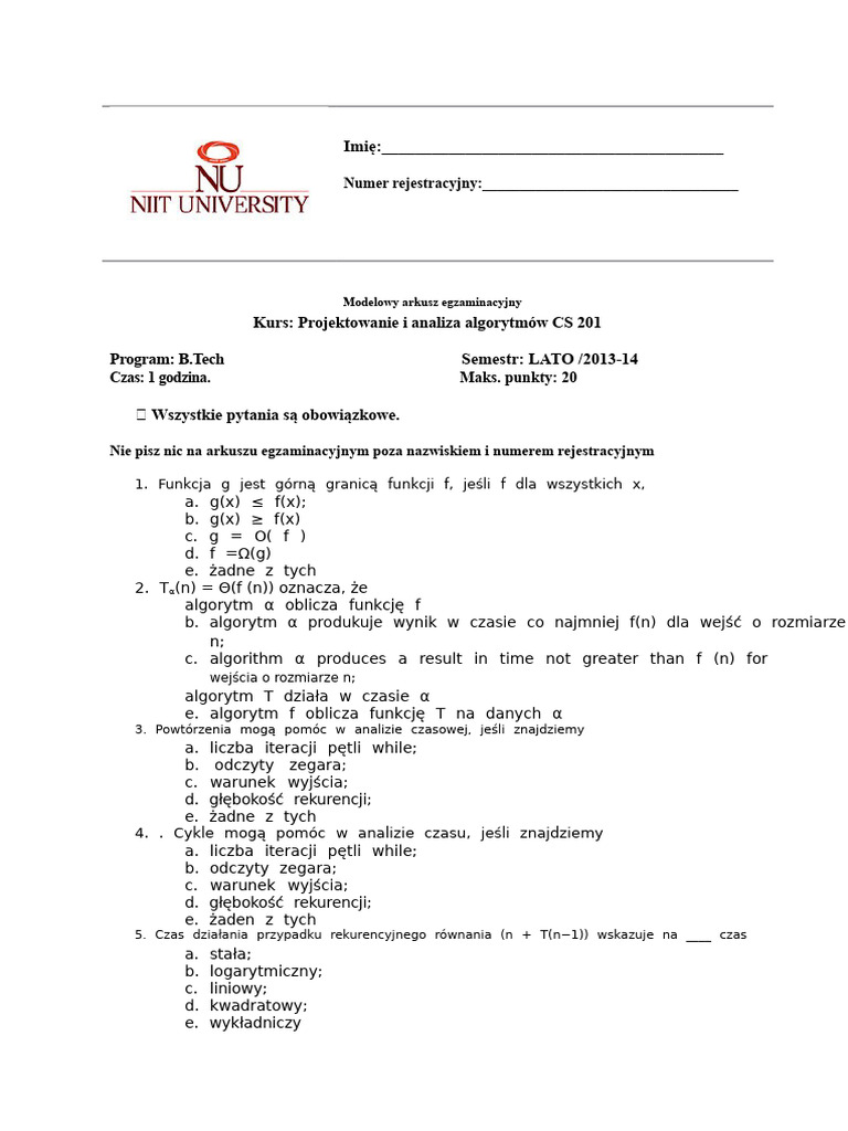 Modelowy Papier DAA Mid Sem I | PDF