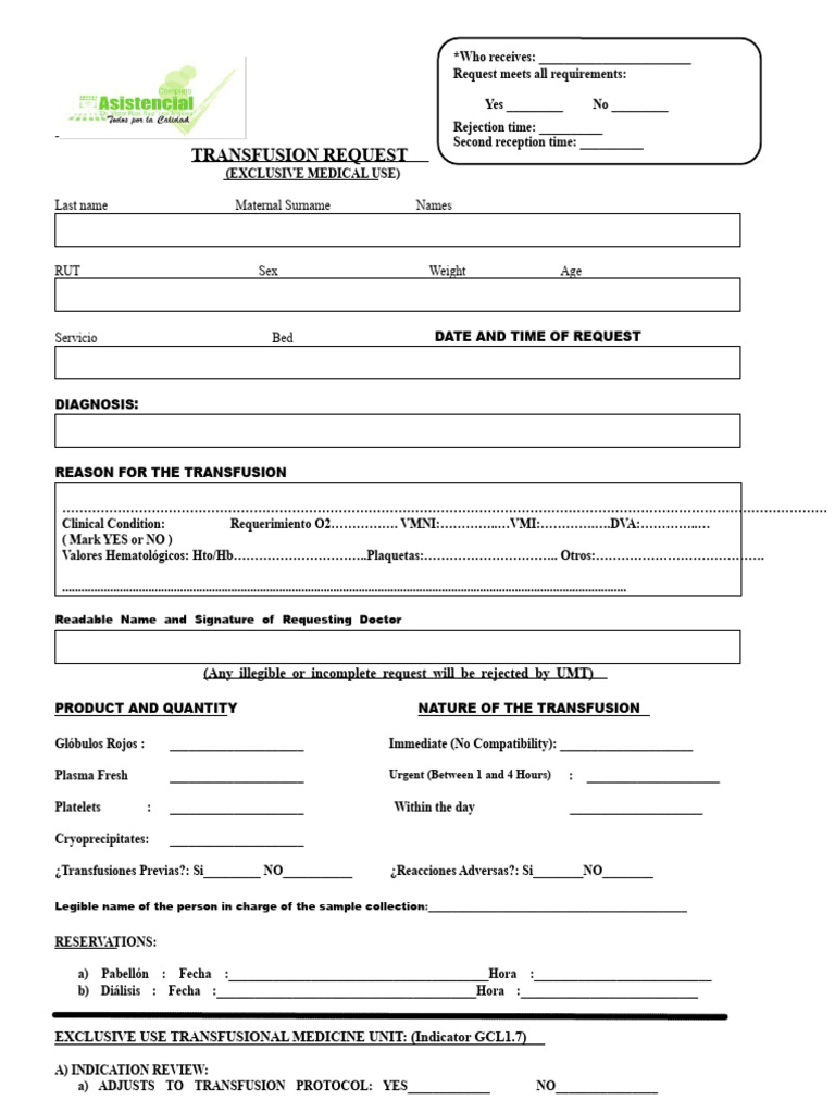 Blood Transfusion Request Form | PDF | Blood Transfusion | Body Fluids