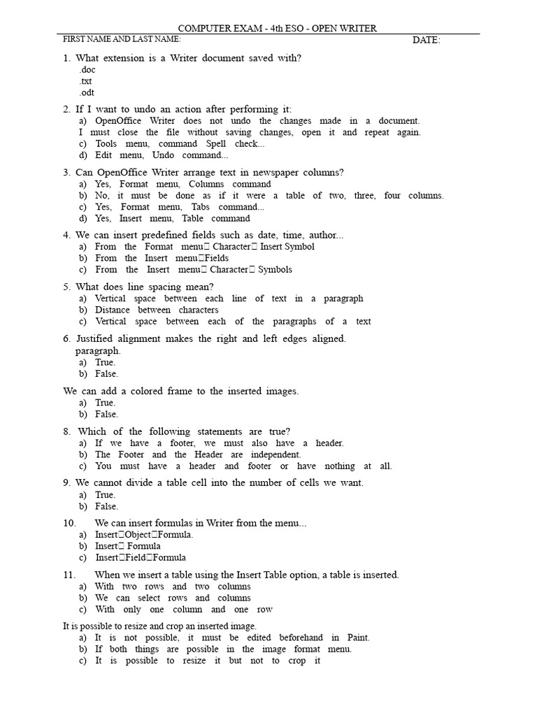 OpenOffice Writer Exam for 4th ESO | PDF | Paragraph | Software