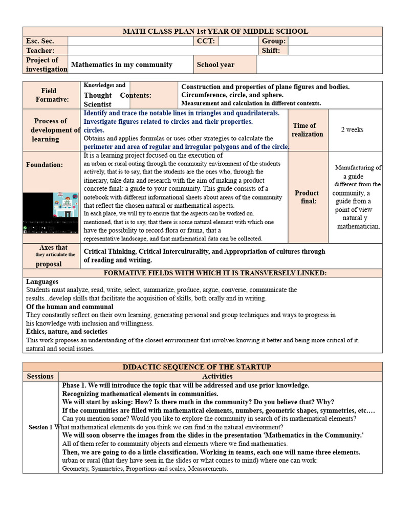 Middle School Math Class Plan | PDF | Geometry | Rectangle