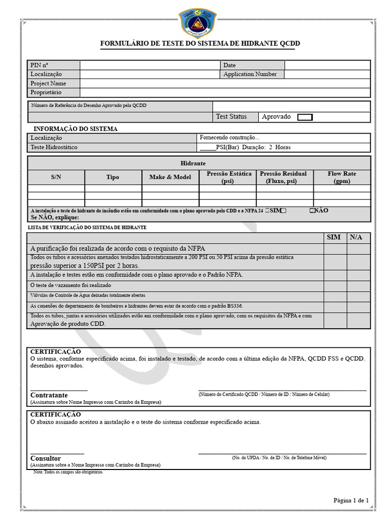 Formulário de Teste de Hidrante QCDD | PDF