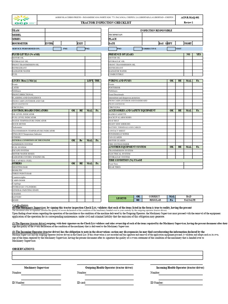 Tractor Inspection Checklist | PDF | Tractor | Engines