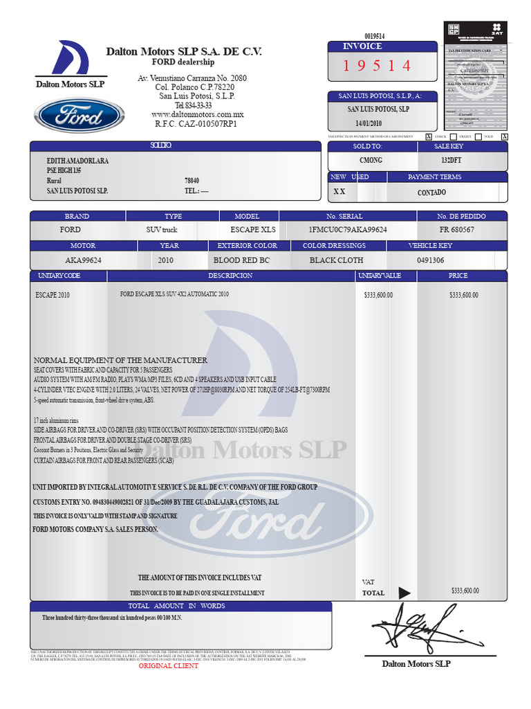 Ford Escape Invoice - Dalton Motors SLP | PDF | Receipt | Airbag