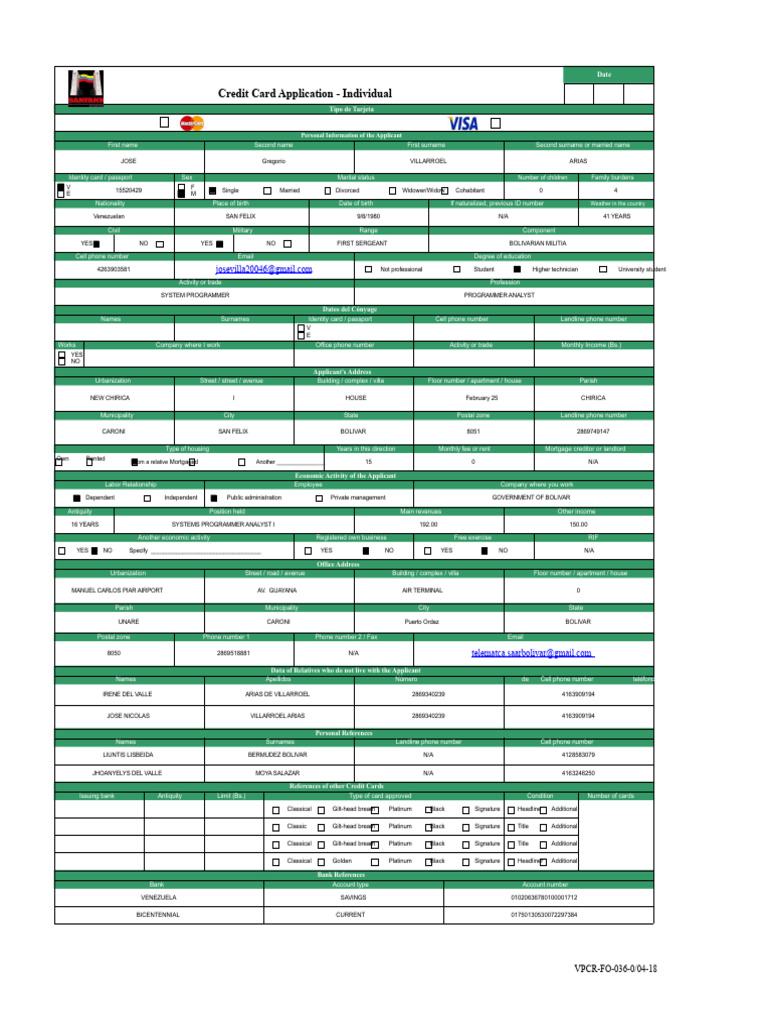 Banfanb Credit Card Application Form | PDF | Identity Document | Banks