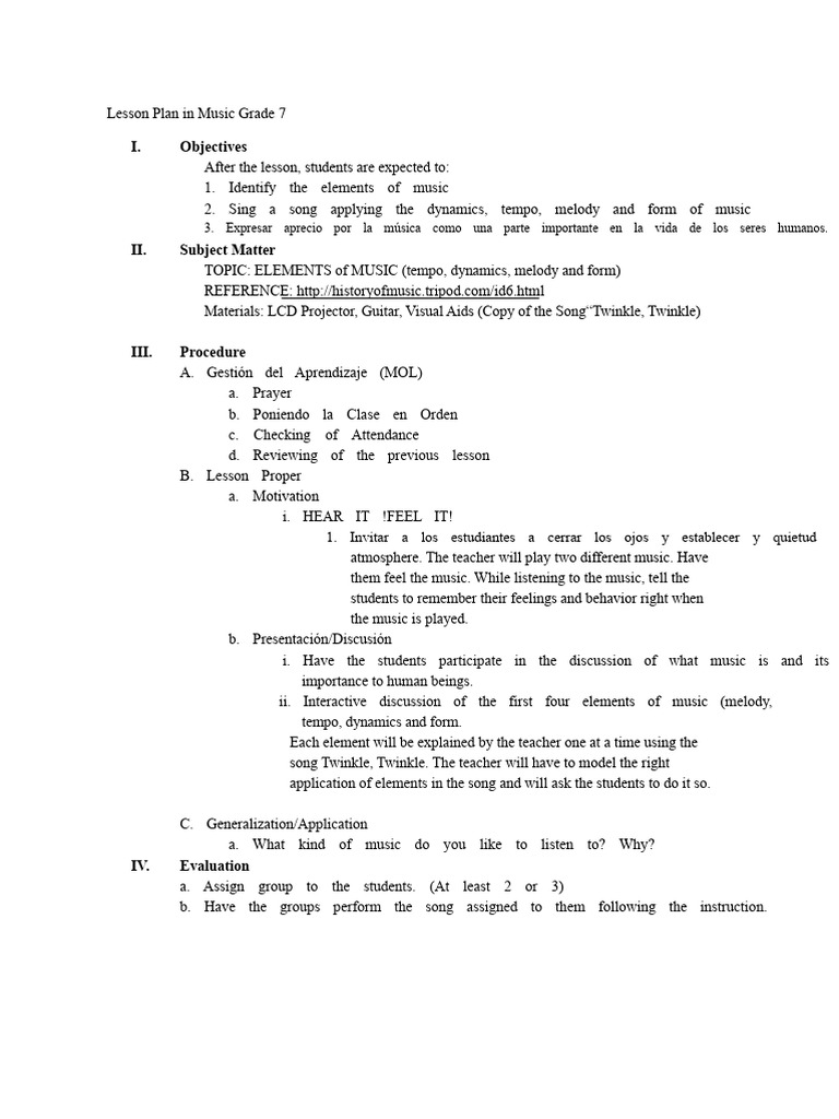 Grade 7 Music Lesson Plan: Elements | PDF | Musical Forms | Performing Arts