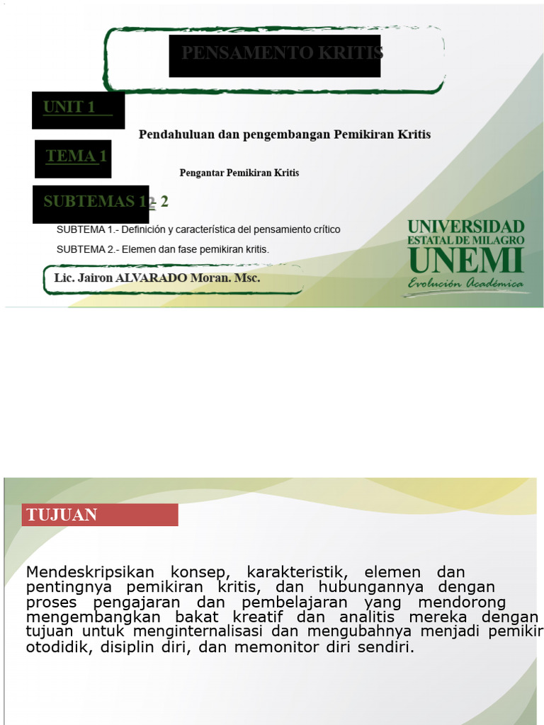 Unit 1 Subtopics 1 and 2 Class 1 Subject Critical Thinking | PDF