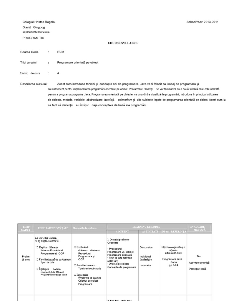 IT 06 - Programare Orientată Pe Obiect Syllabus OBE | PDF
