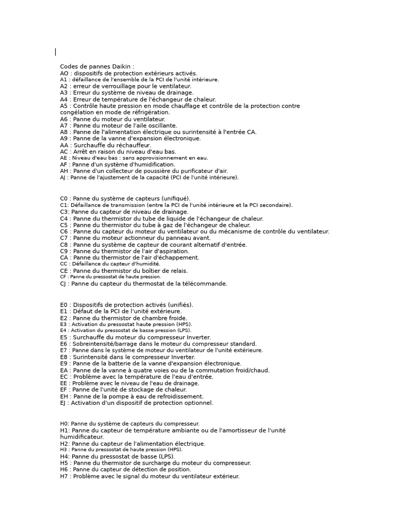 Codes de pannes Daikin expliqués | PDF | Climatisation | Ingénierie ...