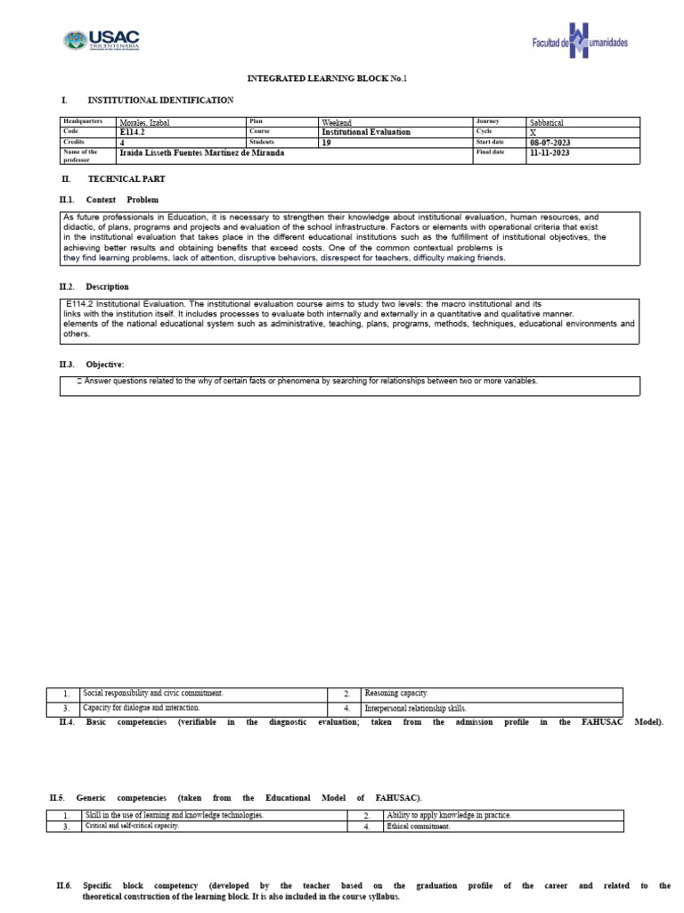 Block Planning E114.2 Institutional Evaluation. | PDF | Evaluation ...