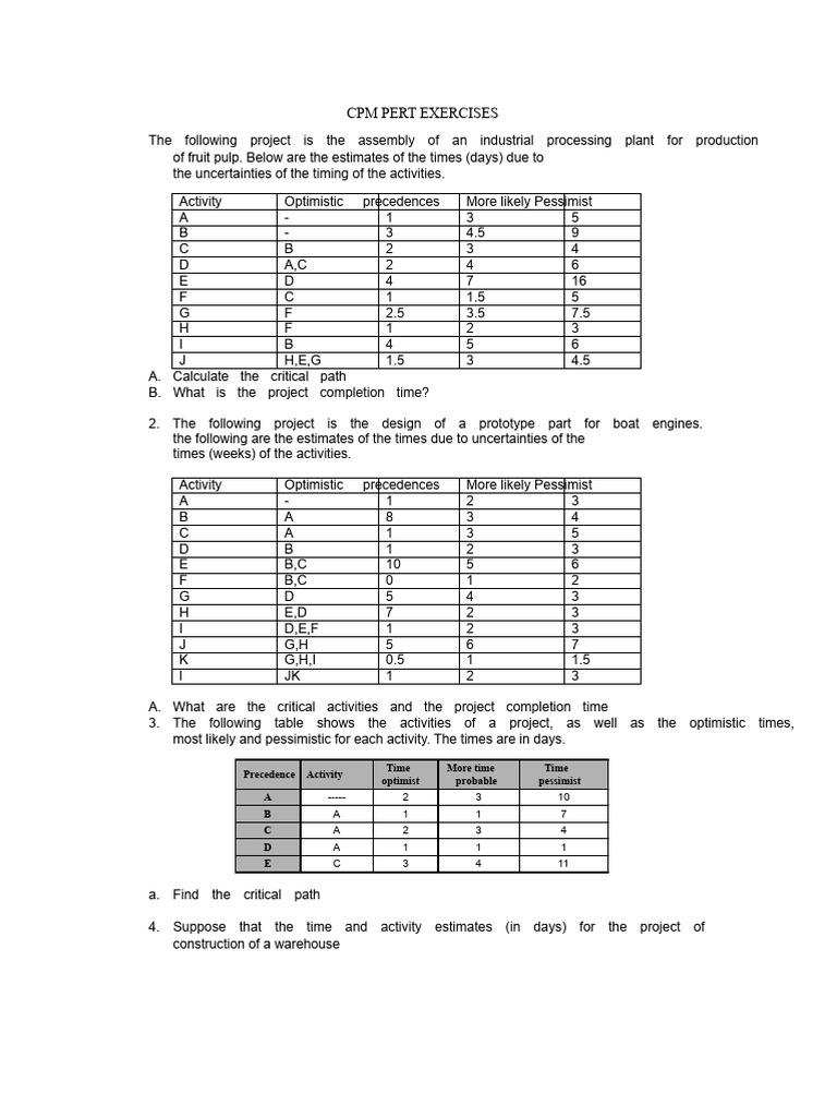 CPM PERT Project Analysis Exercises | PDF | Chess Openings | Projects