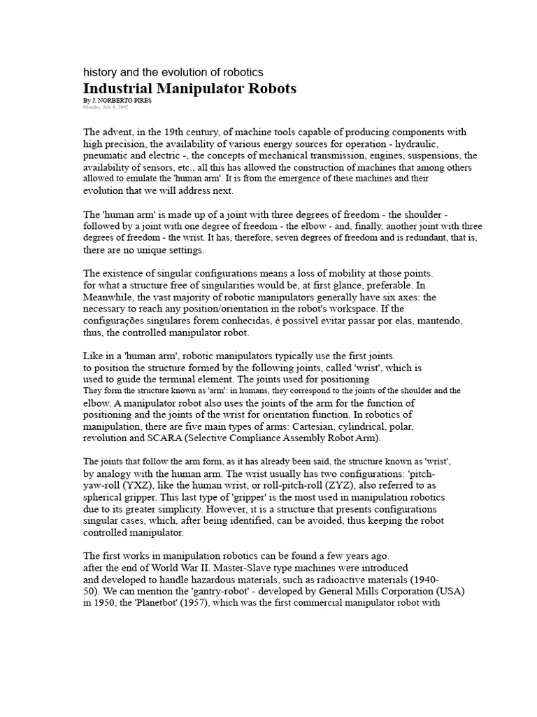 Evolution of Industrial Manipulator Robots | PDF | Robotics | Robot